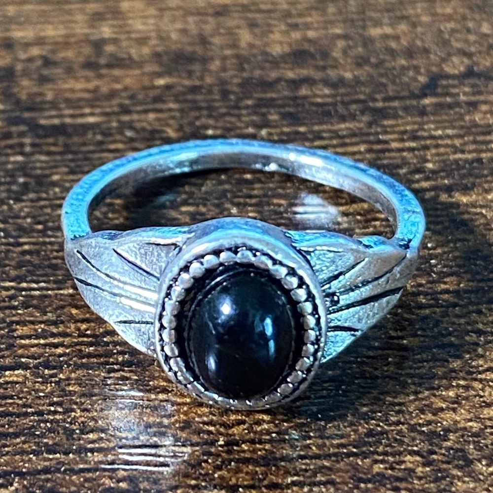 Boho Oval Black Agate & Stainless Steel Women’s Ring Size 7